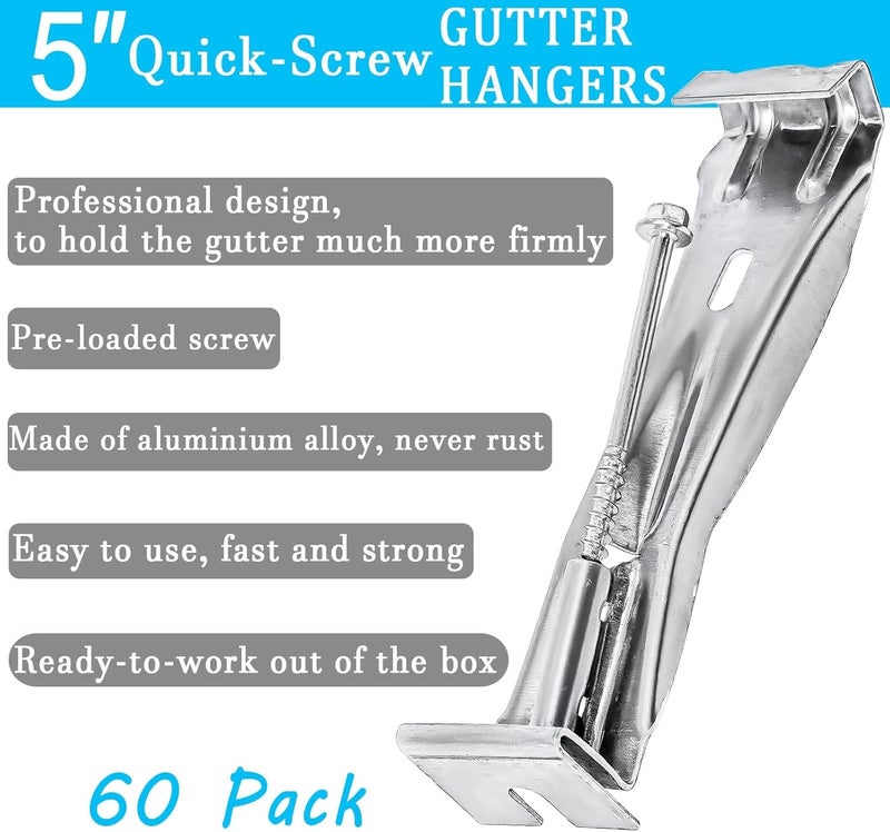 Hoqqf 5inch Gutter Hangers (60Pcs) with Pre-Inserted Quick Screw Gutter Clips, Hidden Bracket Clips for 5" K-Style Aluminum Gutters - Come with 1/4” Hex Drill Bit - Image 2